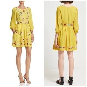 French Connection Saya Crepe Embroidered Dress  sz 6 Yellow floral Boho